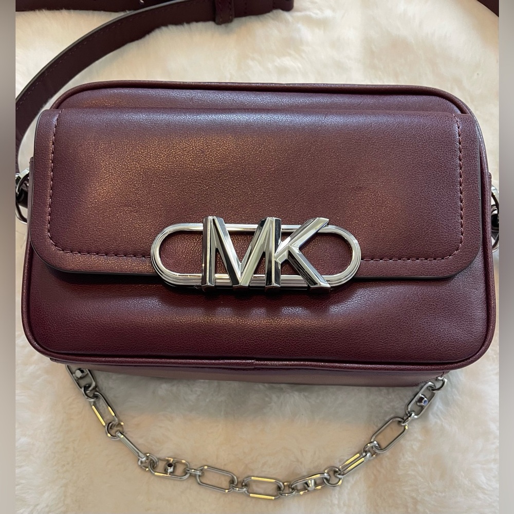 Michael Kors Leather Parker Chain Swag Camera Crossbody Merlot Red /Purple $398 - Picture 5 of 9